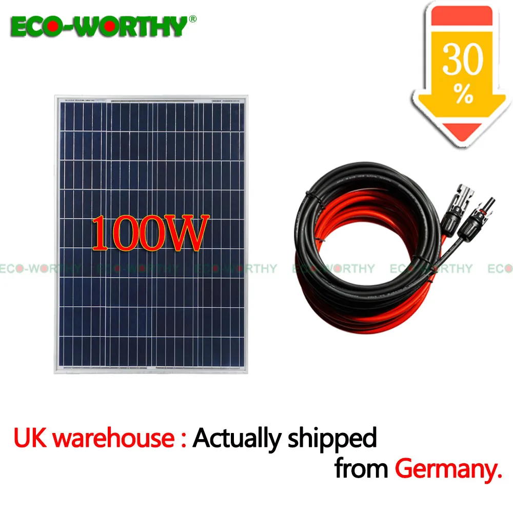 

100W solar panel with 5m solar cables with a MC4 connector in each 2pcs black & red cables for 12V solar battery charger system