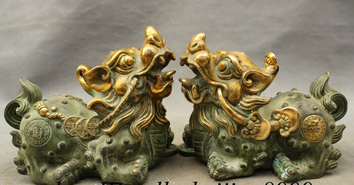 

Chinese Bronze Copper Gilt Wealth Cai Fu RuYi Coin PiXiu Lion Beast Statue Pair