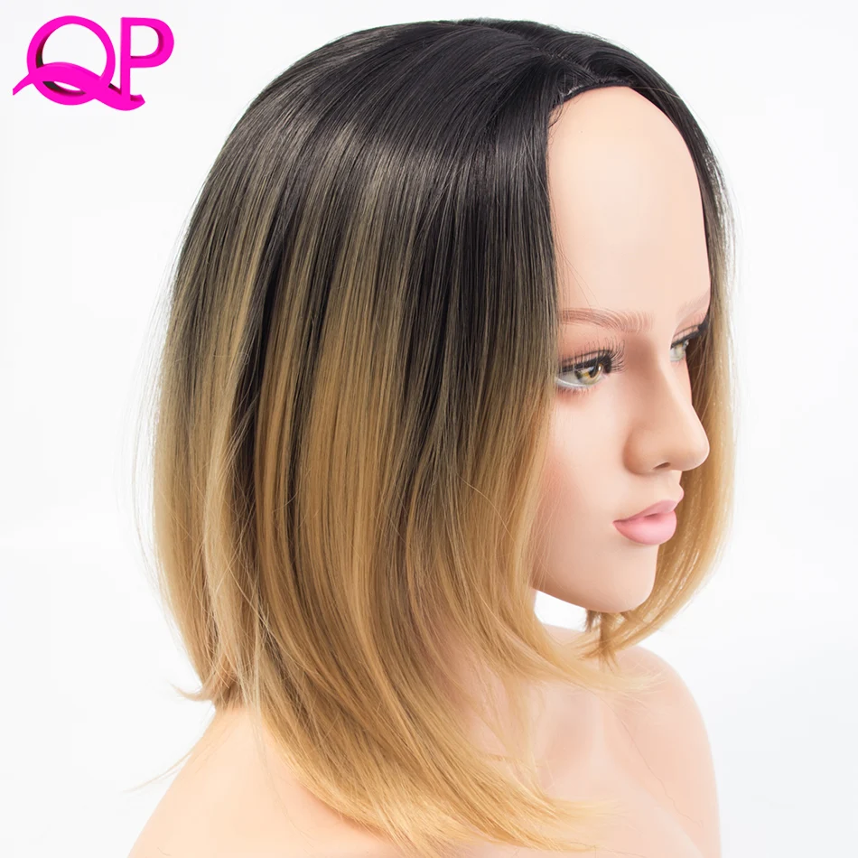 Qphair 12 дюймов без шнуровки спереди высокая температура волокно короткие Ombre 2 тон черный Silve серый цвет боб парики синтетический центр Часть