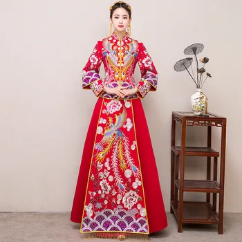 

Luxury Rhinestone Lady Wedding Cheongsam Classic Asian Bridal Dress Gown Traditional Embroidery Phoenix Chinese Qipao Vestidos