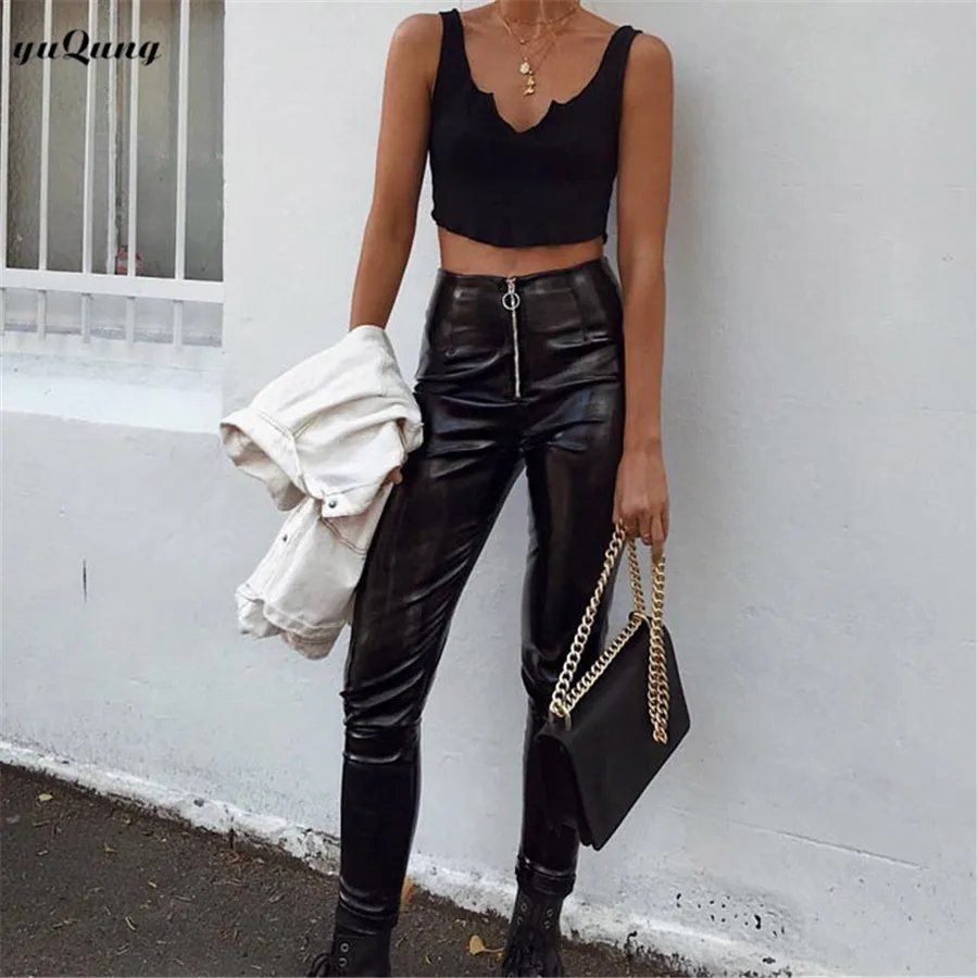 

yuqung women's pants PU faux Leather zipper Long Pencil Pants Female High Waist pencil Trousers Leggings pantalon femme N10