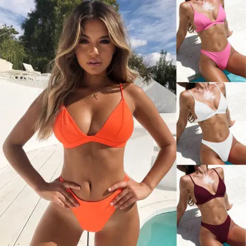 

New Women Brazilian Bikini Set Push-up Padded Bra Swimsuit Halter Bandage Swimwear Solid color Bathing Suit Low Waist Beachwear