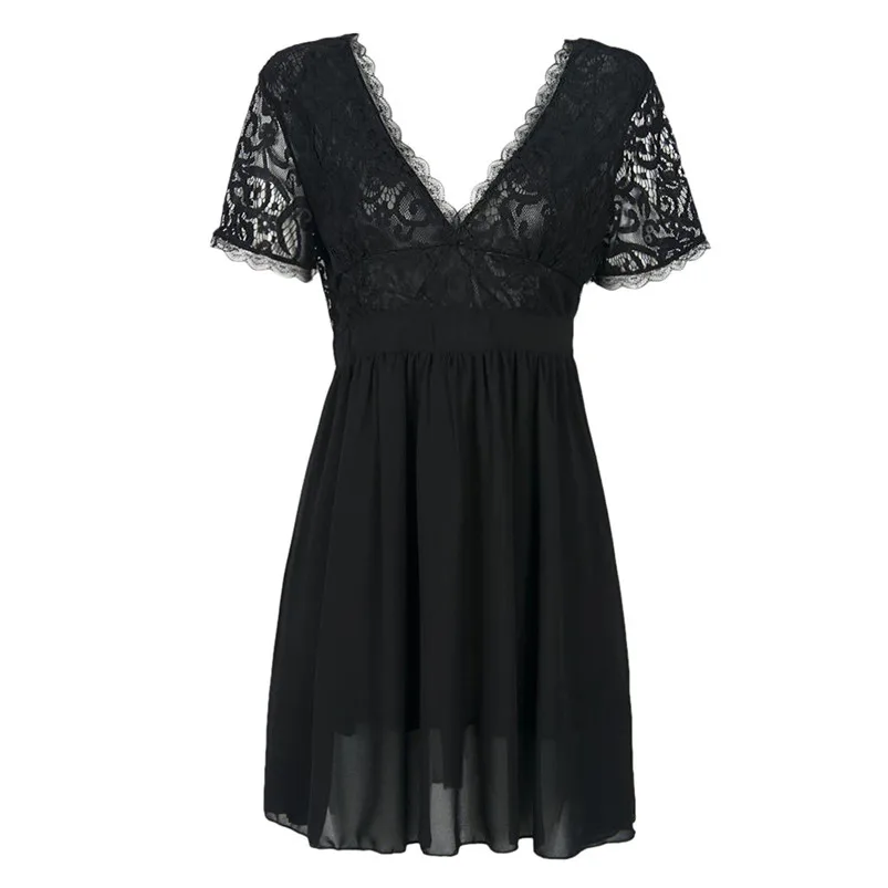 Women Ladies Sexy V-Neck Lace Solid Backless chain Short Sleeve Mini Dress Sexy Ladies Summer Soft Fashion Zipper Dress 35AP09 (1)