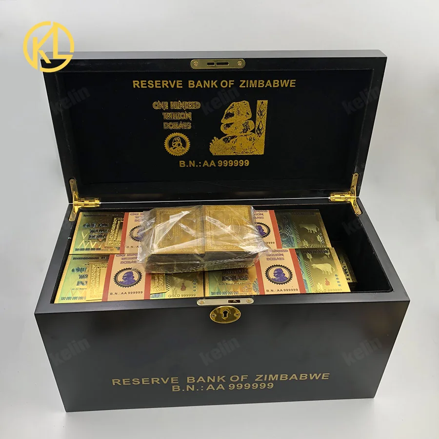 

Free Shipping 1200pcs/lot One Hundred Trillion/Quintillion Dollars Zimbabwe Gold Banknote in black wooden box about 5-7days