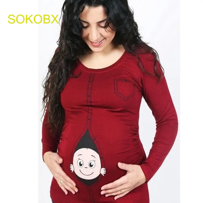 SOKOBX Cute Maternity Pregnancy Clothes Funny Maternity Pregnant T Shirt Plus size 3XL Tops Tees Baby Cartoon Peeking Out Shirts