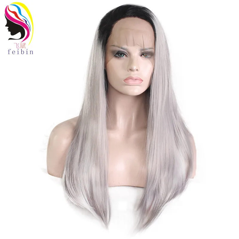 Feibin длинные прямые Синтетические волосы на кружеве парик синтетические 24-26 дюйм(ов) блондинка серый жаропрочных Волокно волос T40