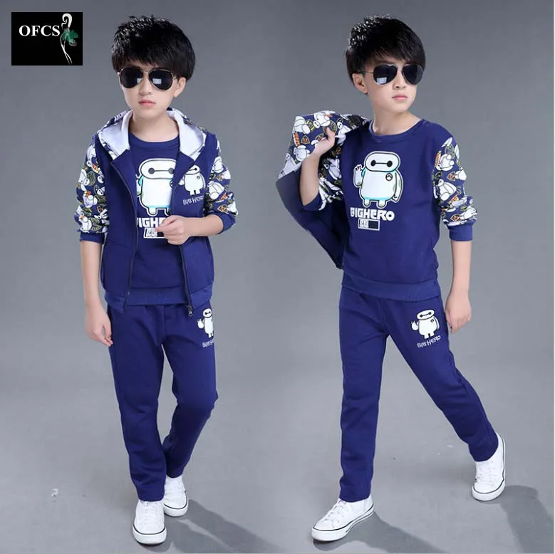 

2016 New Selling Children's Clothes, Boy Autumn Cartoon Image Printing Sweater+Hooded Coat+Long pants Children's Suit 3PCS 3-16Y
