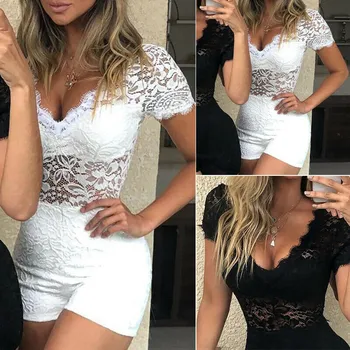 

Fashion New Women Lace Floral V Neck Short Sleeve Slim Playsuits Sexy Hollow Out Skinny Jumpsuit&Romper High Street Clubwear
