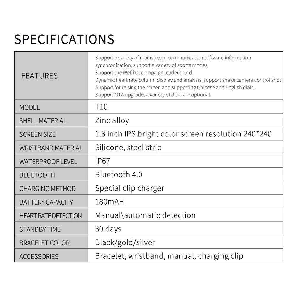 T10 Смарт-часы Поддержка для мужчин и женщин наручные часы с трекером монитор сердечного ритма для 1,3 дюймов ips высокая яркость цвет водонепроницаемый часы
