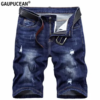 

Men Short Jeans 98.8% Cotton 1.2% Spandex Summer Blue Cowboy Thin Youth Pockets Zippers Knee Length Straight Man Denim Shorts