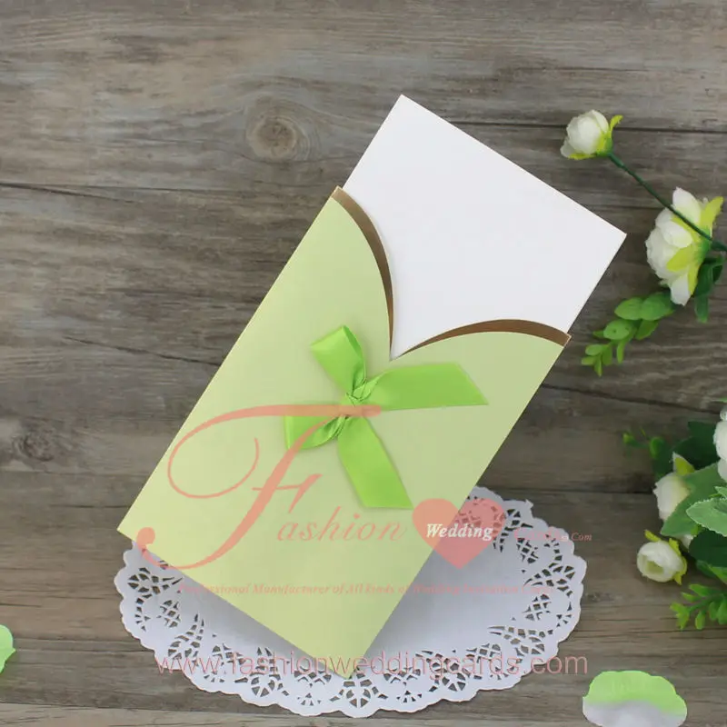 50 pcs/lot Fresh Green Color Pocket Style Ribbon Decorated Party Invitation Cards/ Greeting Cards without Logo | Дом и сад
