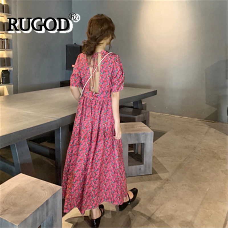 Женское платье с цветочным принтом RUGOD Длинное свободное макси открытой спиной и