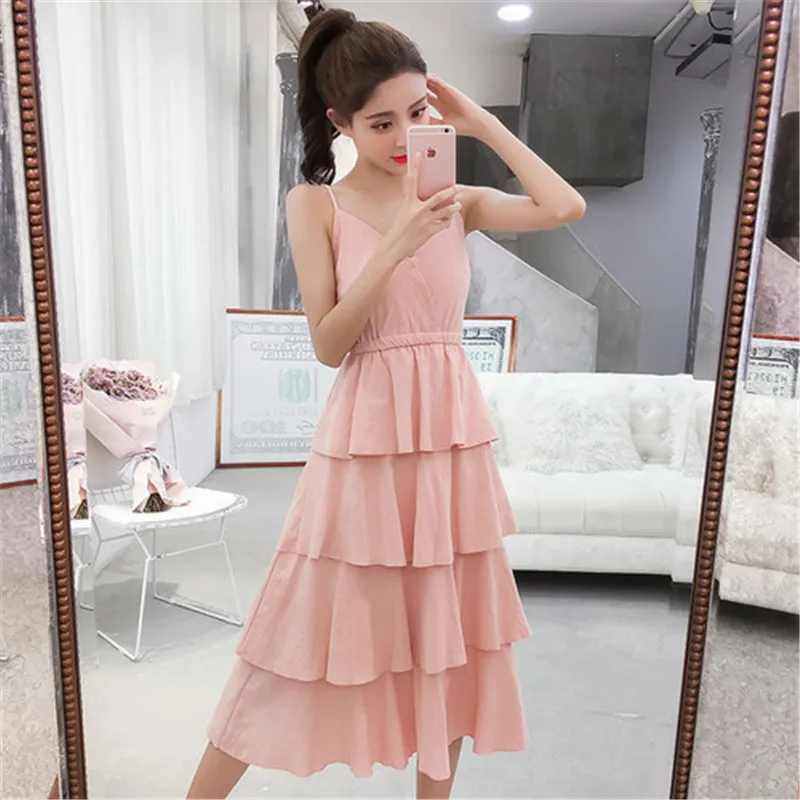 

Women Dress Short Sleeve Vintage All Match Casual 2018 Spring Summer Sweet Slim Laye Cake Dress Black Pink Sling Sexy Dress