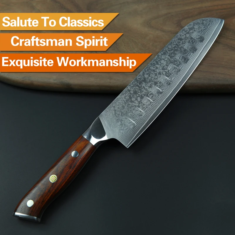 XINZUO 7'' inch Santoku Kitchen Knives 73 layers Damascus Steel Chef Knife Dealing with Meat Fruit Vegetables Rosewood Handle