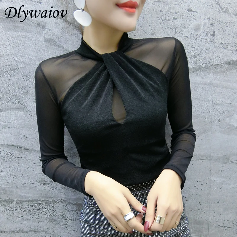 

Sexy Mesh Women Top Hanging Neck Tshirt Long Sleeve Female Black 2019 Spring Fashion Femme Chemisier Casual Summer Tee Shirt New