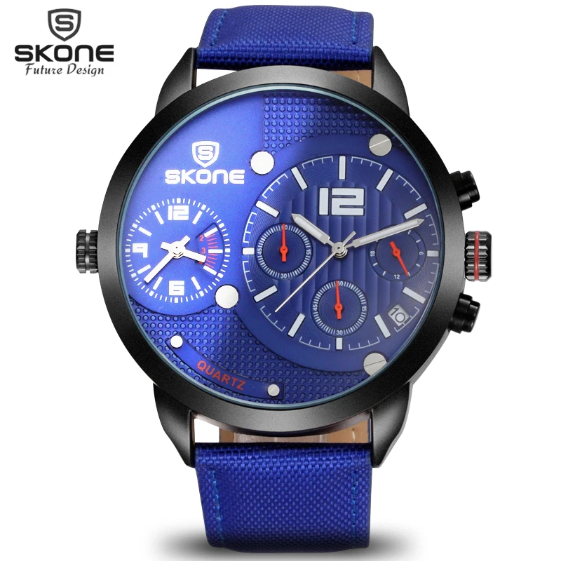 

SKONE Sub Dial function Chronograph Watches Men Dual Time Zone Canvas Strap Waterproof Sport Watch Casual Army relogio masculino