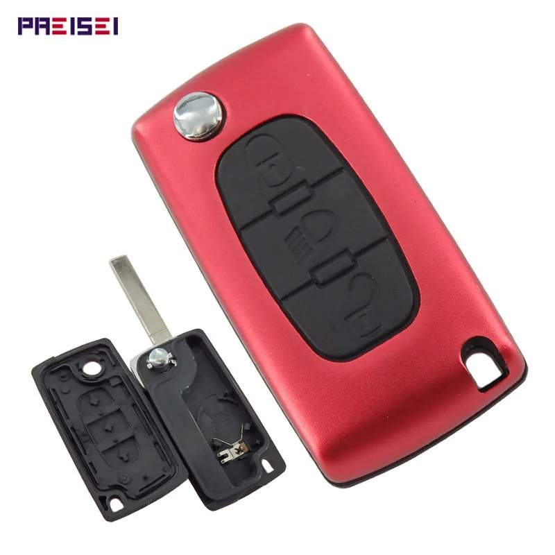 

PREISEI New Aluminum Red CE0536 Light Button Blade No Groove 3 Buttons Car Remote Flip Key Covers For Peugeot 307 key Fob