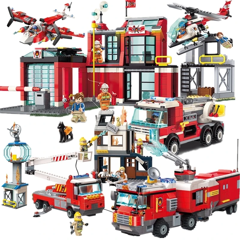 

HOT NEW City Police Firefighter Rescue Fire Station Truck Aircraft Ladder Car Kits Building Blocks Sets Kid Toy