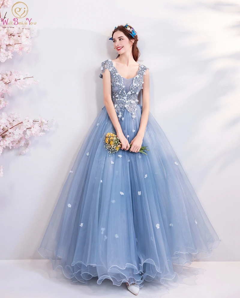 Blue Evening Dresses Elegant V Neck Lace Applique Beads Crystal A line Sleeveless Long Prom Gown Graduation Walk Beside You