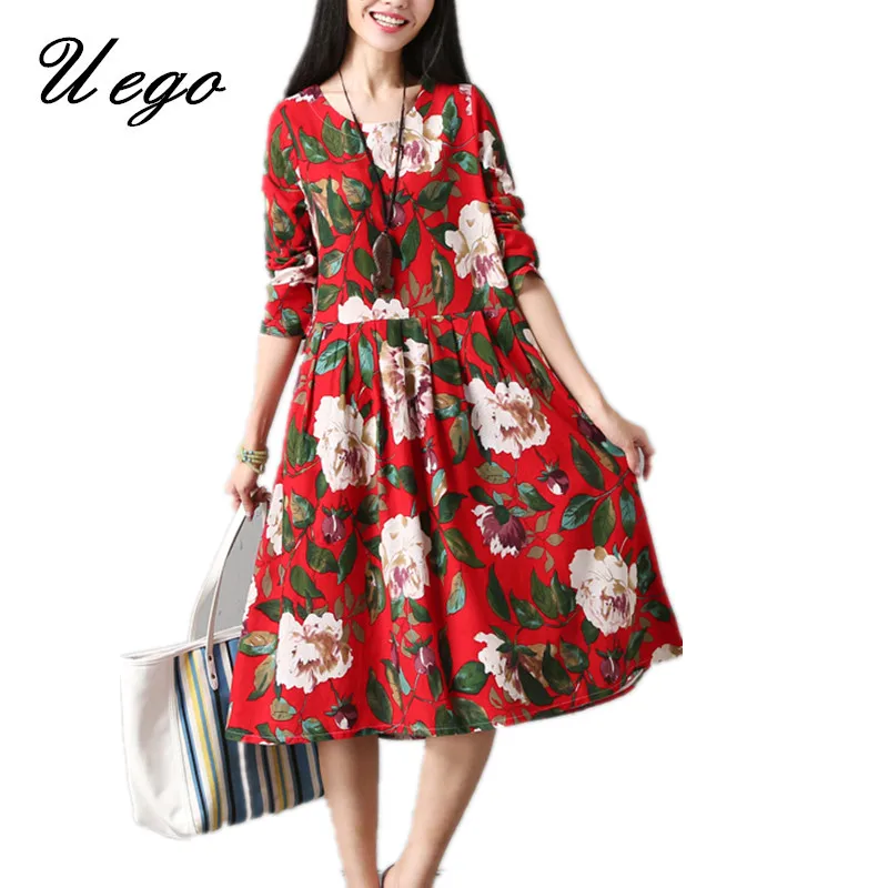 

2019 Fashion Print FLoral Spring Dress Soft Cotton Linen Women Dress Loose Casual Vintage Party Dress Vestidos Spring Midi Dress