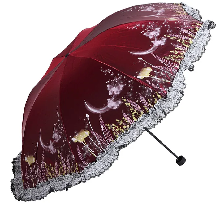Fashion Lace Black Umbrella 3 Foldings Uv Parasol Umbrellas Rain Women