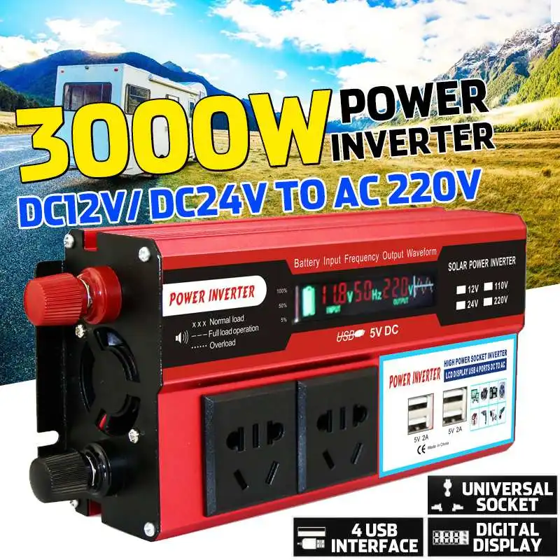 

3000W 4 USB Solar Power Inverter DC 12/24V to AC 220V Car Adapter Charge Converter LCD Display Modified Sine Wave Transformer
