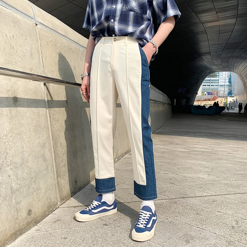 

2019 Summer thin personality side stitching jeans nine points casual loose men's trousers with the trend M-XL
