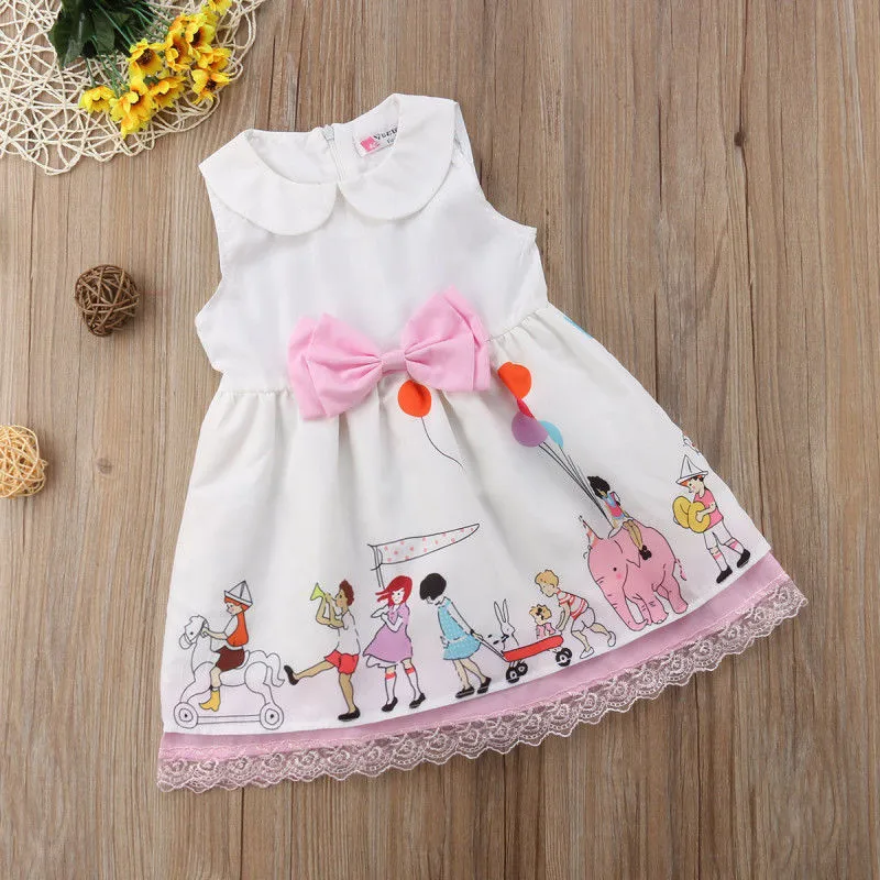 

Newborn Kid Baby Girls Summer Sleeveless Lace Peter Pan Collar Sundress Circus Character Print Bow knot Party Pageant Dress