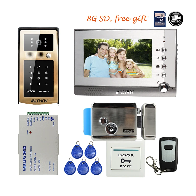 

Free Shipping 7" LCD Screen Record Video Door Phone Intercom Kit + Golden IR Waterproof RFID Keypad Bell Camera Electronic Lock