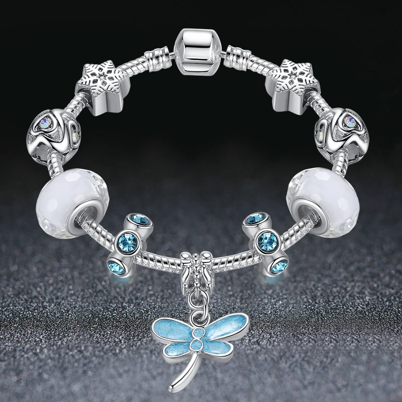 ELESHE Luxury Crystal&Murano Glass Beads Bracelets Silver Bracelets&Bangles for Women DIY Butterfly Charms Bracelet for Women