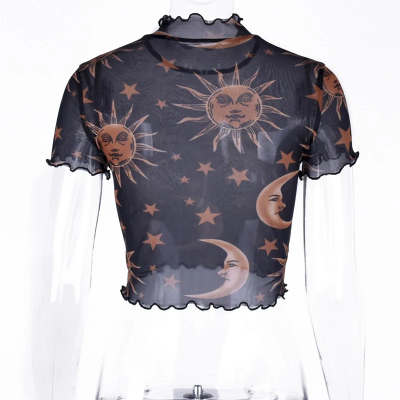 

Women Sun Moon Print See-Through Sexy Tops Translucent Mesh Crop Tops Black White Short Sleeve T-Shirts Slim O-Neck T-Shirt 2019