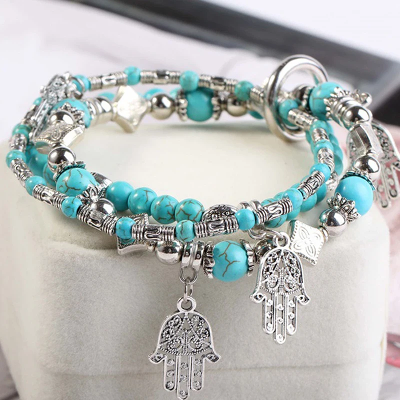 Vintage Hamsa Bracelets for Women Turquesa and Silver Color Charm