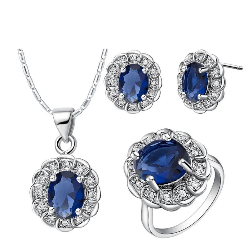 Luxury RING Necklace Earrings Jewelry Sets SA Silver blue Crystal suit suit made high end