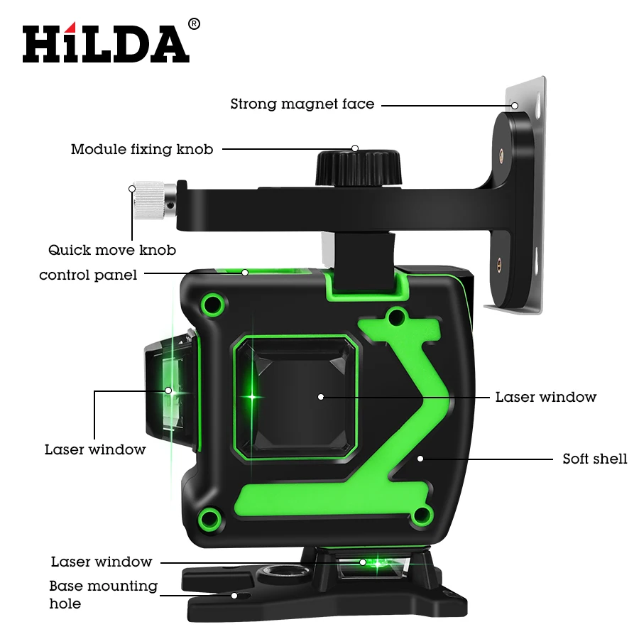 HILDA 3D лазерный уровень самонивелирующийся 360 горизонтальный и вертикальный крест зеленый 12 линий 3D поворотный Уровень лазерный Горизонтальный Вертикальный