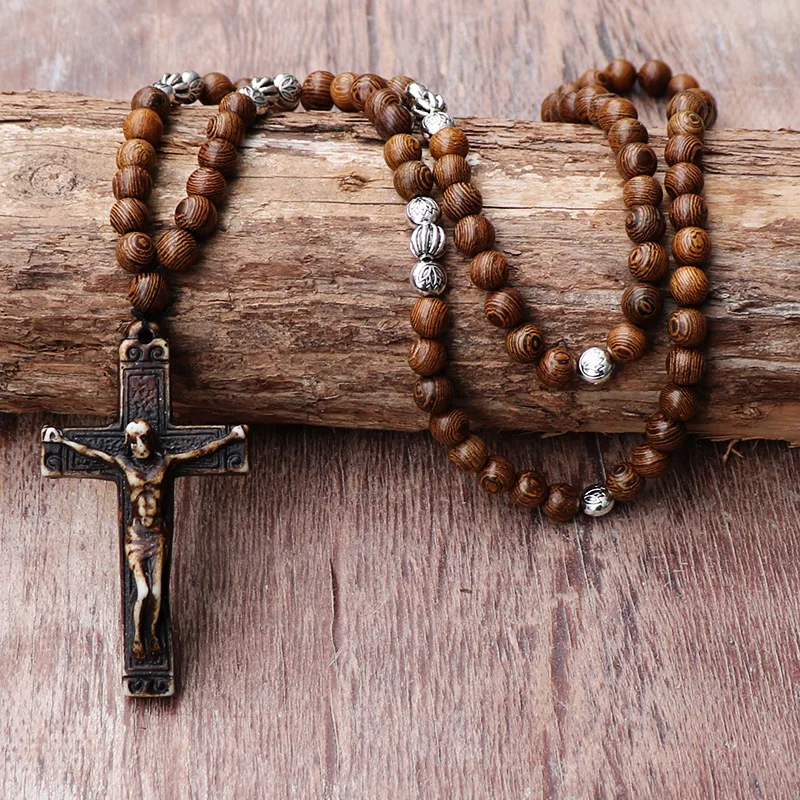 Unisex Natural Wood Beads Rosary Necklace With Brown Resin Jesus Cross Pendant Women Vintage