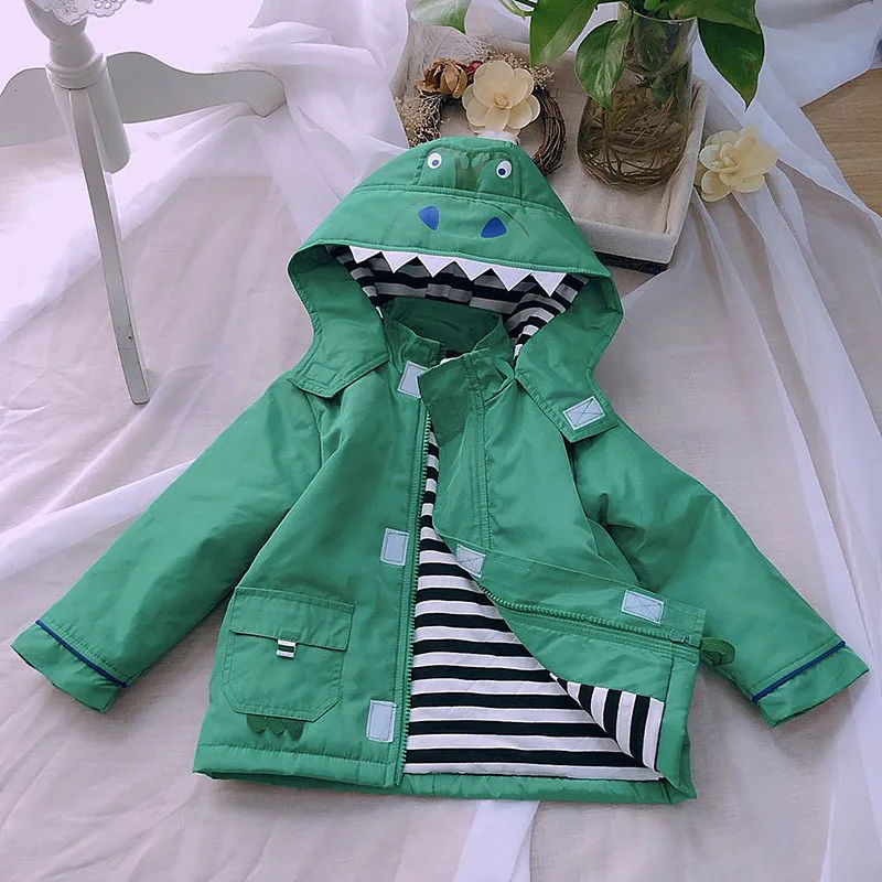

Children windbreaker Dinosaur design solid green color thin cotton-padded hoodie kids winter autumn jacket