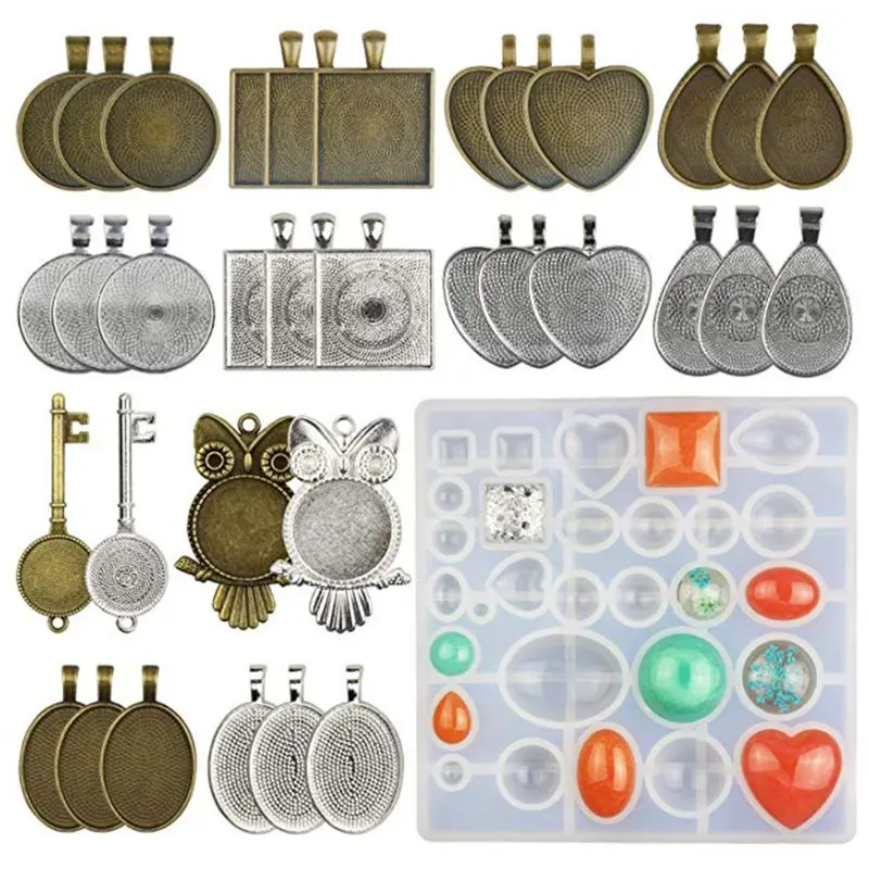 

35 Pcs/set Pendant Metal Alloy Tray Silicone Mold Set DIY Handmade Jewelry Bottom Molds Necklace Bracelet Key Ring Accessories M