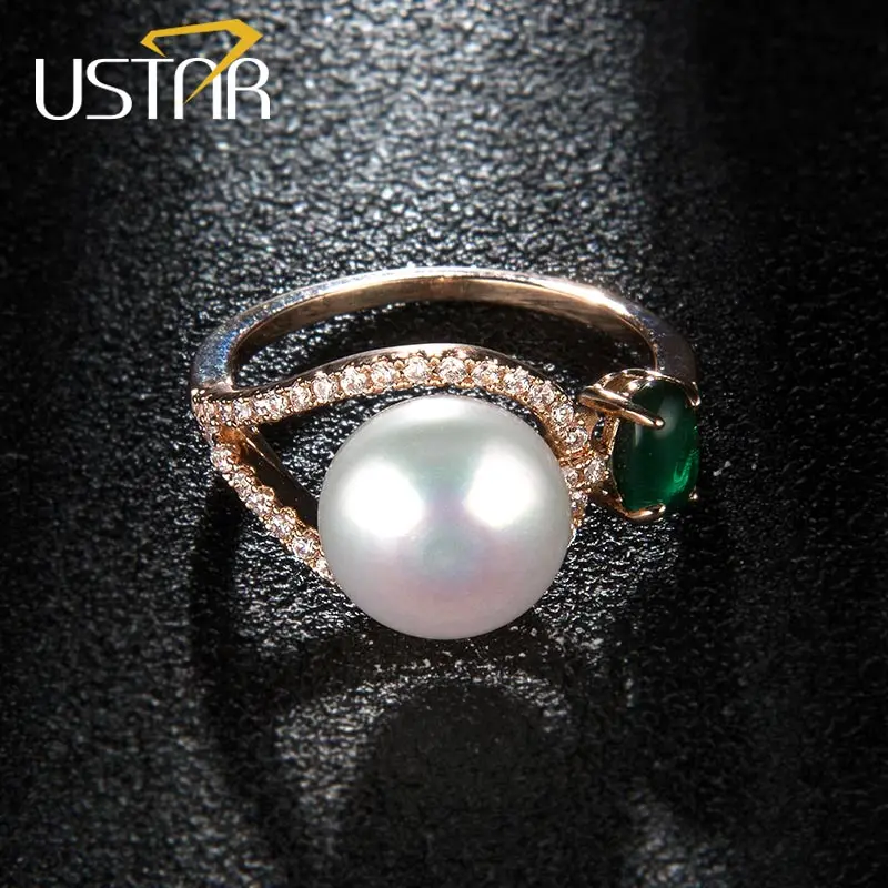 USTAR новые кольца из пресноводного жемчуга для женщин с зеленым камнем AAA кубический цирконий женские кольца для помолвки anel Свадебные украшения подарок