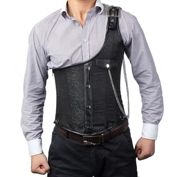 

Black Chain Buckle One Shoulder Steel Boned Steampunk Corset Men Gentleman Coat Vintage Waistcoat Gothic Vest Medieval Jacket