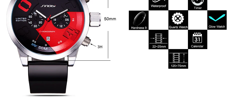 SINOBI, новинка, форсаж, хронограф, мужские спортивные наручные часы, резиновый ремешок для часов, люксовый бренд, мужские кварцевые часы Geneva