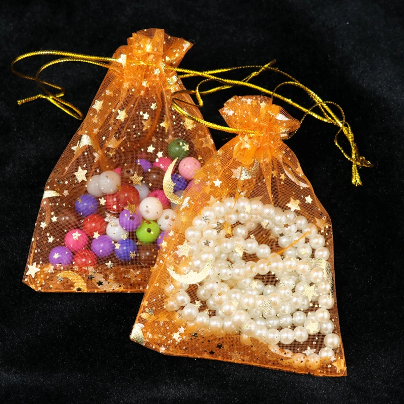 

100pcs 9x12cm Drawable Organza Bags Star Moon Orange color Wedding Christmas Gift Bag Jewelry Packaging Bags Pouches