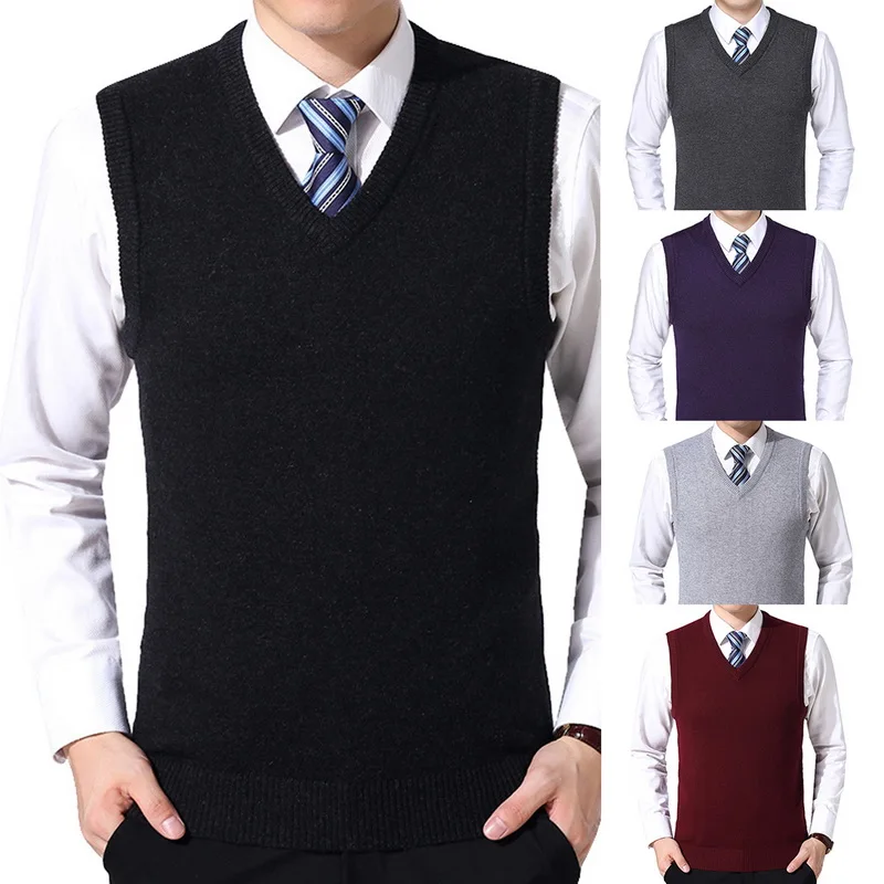 

2019 Men Knitting Sweater Vest Solid Color Cashmere Sweaters Sleeveless Pullover Men V-Neck Knitted Waistcoat Jersey Hombre
