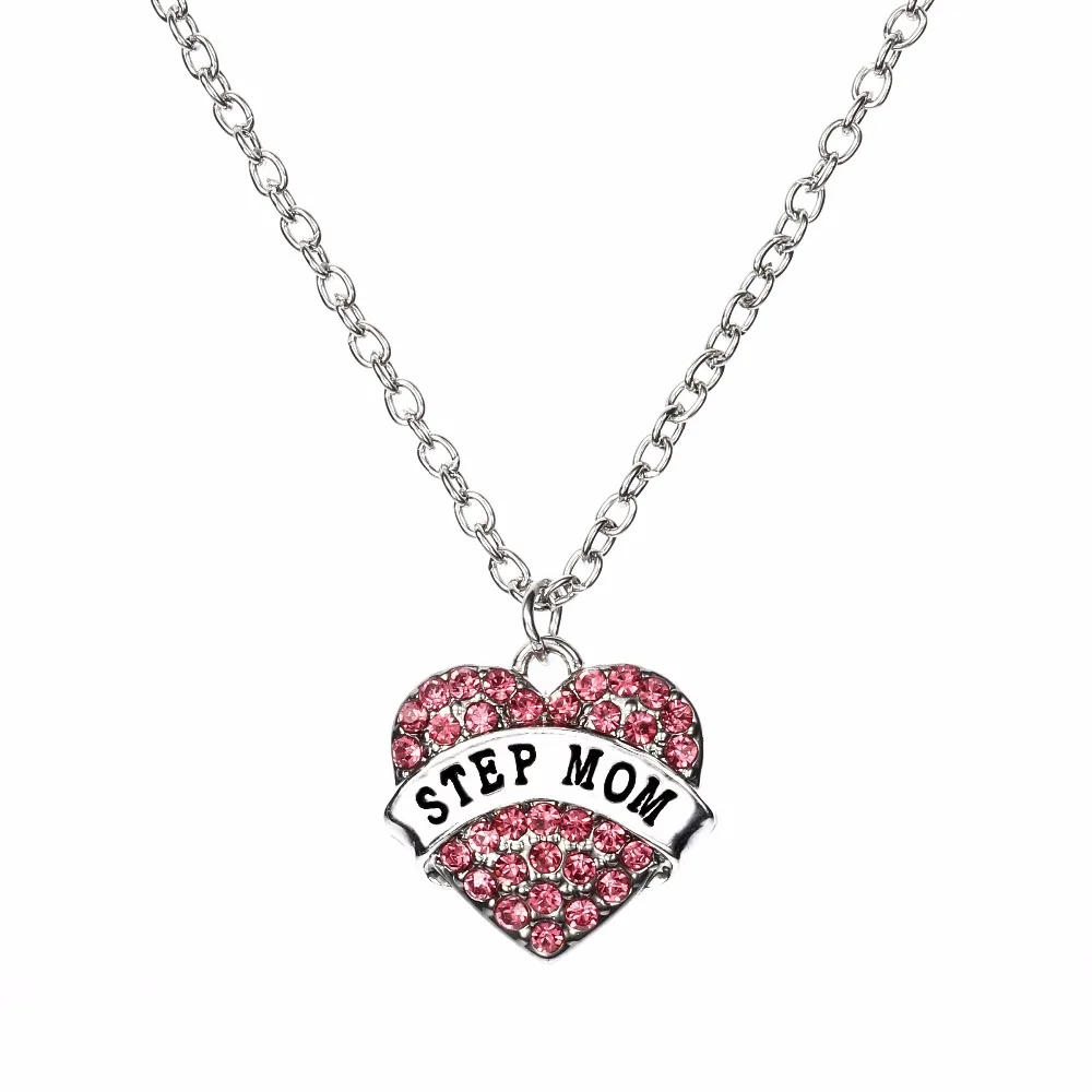 Charm STEP MOM Love Heart Crystal Pendant Necklace Mom Women Family