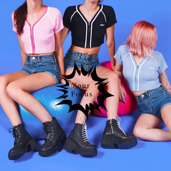 

2018 punk vintage style candy color V-neck zipper words embroidery knitting cropped short-sleeve tight crop tops women