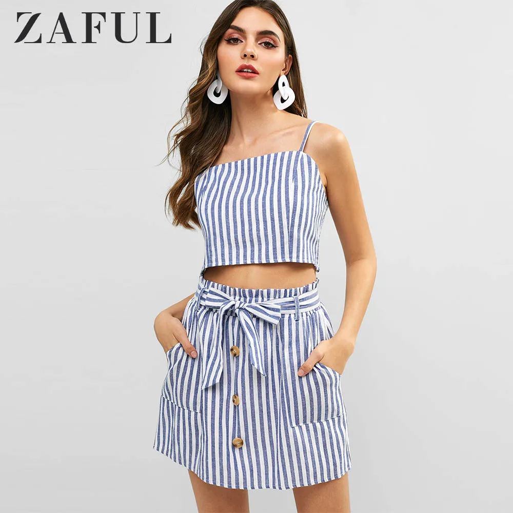 

ZAFUL Striped Cami Top And Belted Skirt Set A-line Spaghetti Straps Crop Top Women High Waist Two Pieces Set Sexy Streetwear