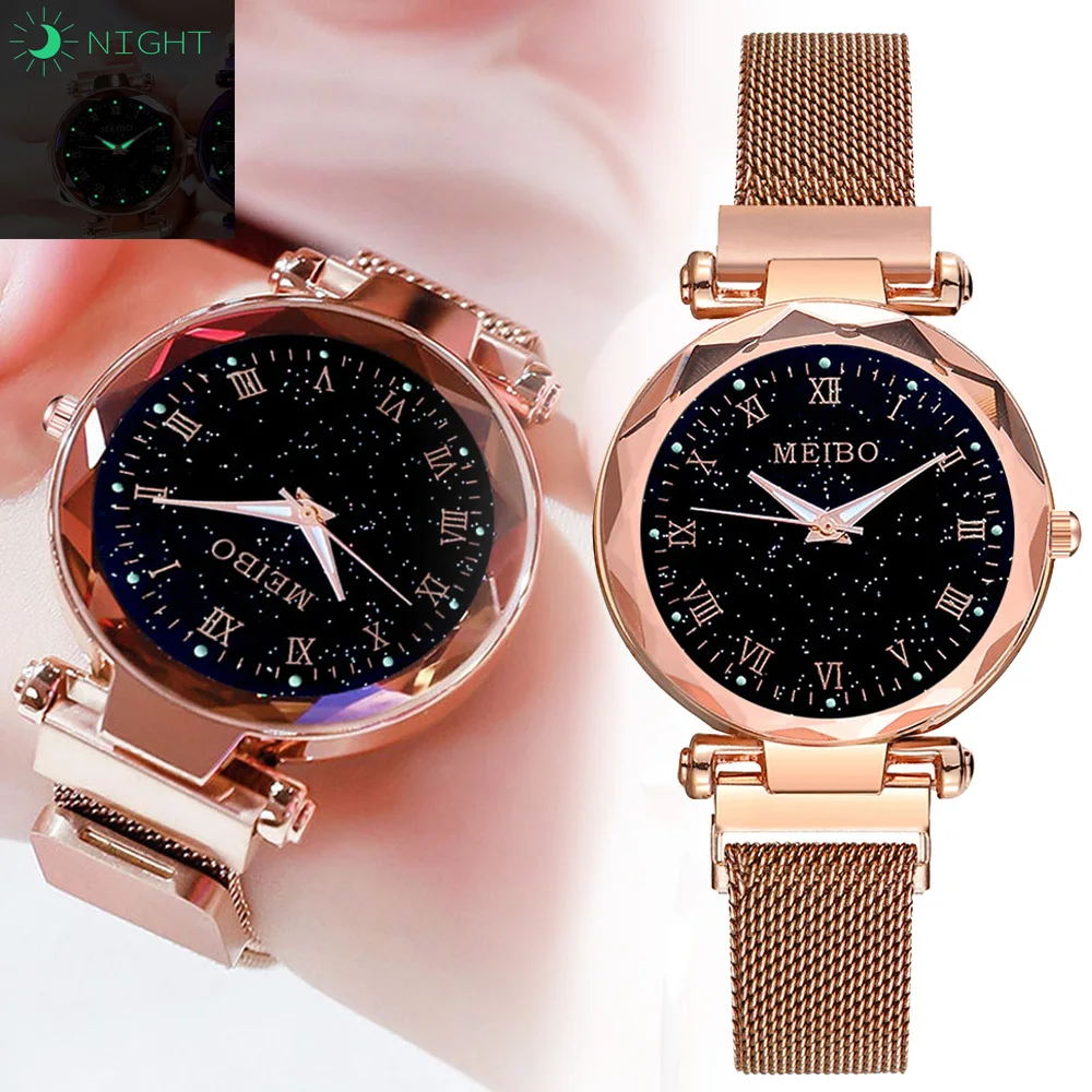 

Fashion Starry Sky Flat Glass Quartz Mesh With Magnetic Milanese Ladies Watch women watch Dress watch Party decoration gifts
