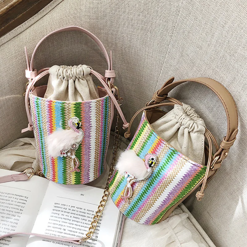 الأزياء فلامنغو قوس قزح دلو القش حقيبة سلسلة النساء حقائب الرباط حقائب كتف Crossbody حقيبة الإناث الروطان الشاطئ كيس
