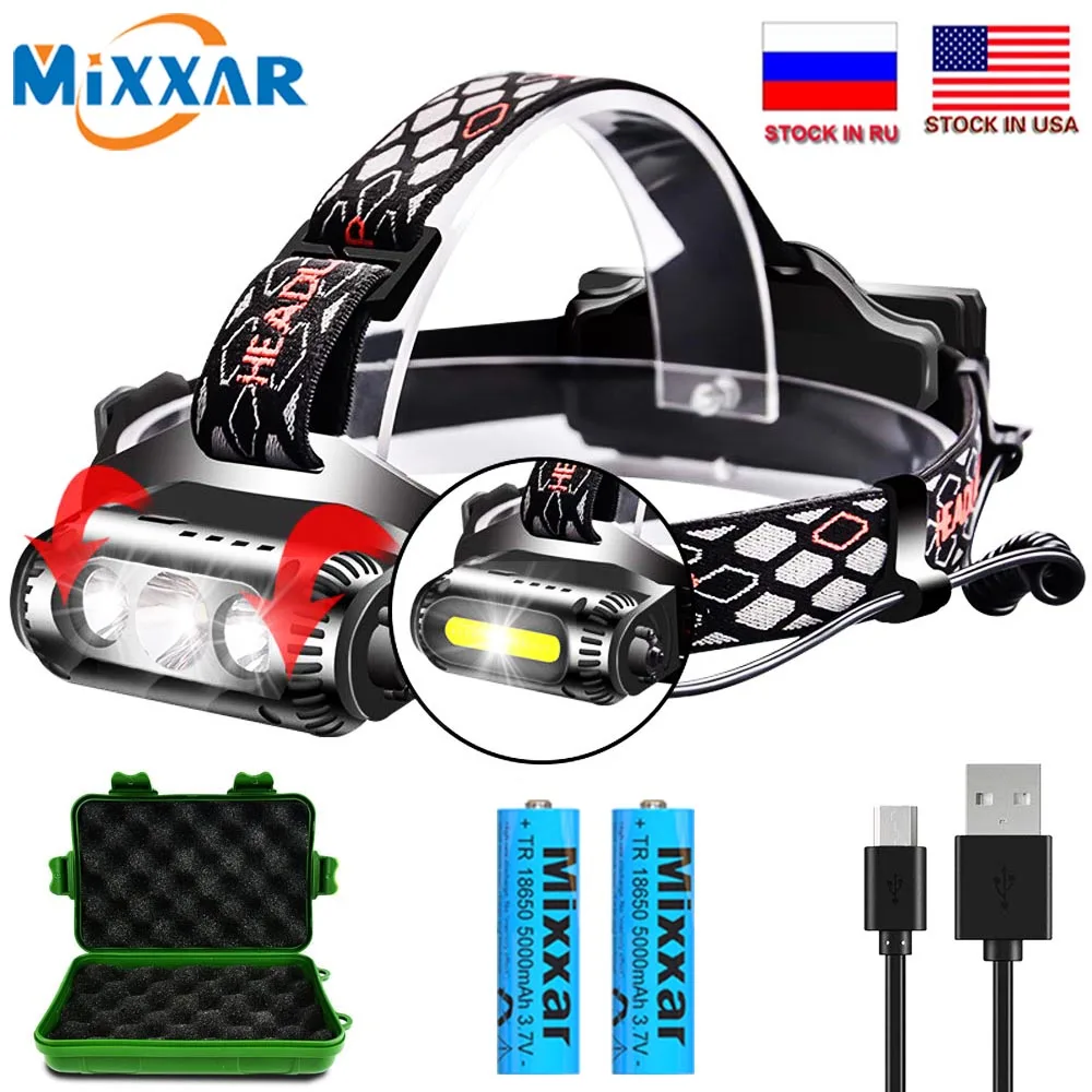 

EZK20 Dropshipping 10000 Lumens T6 XPE LED Headlamp 2 Sides Rotating 3 Light Source 8 Modes Colorful Function USB COB Headlight