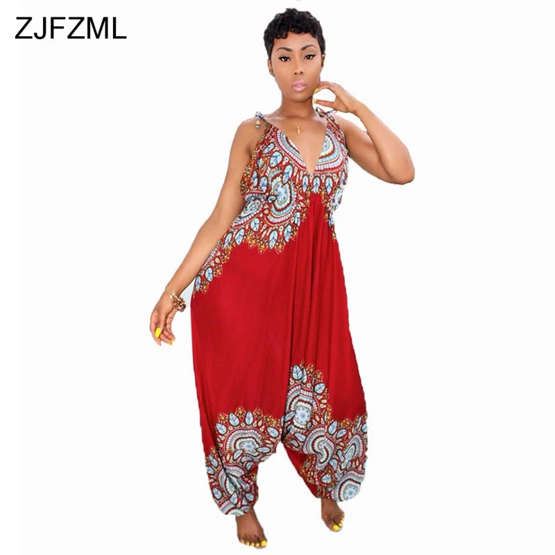 ZJFZML African Ethnic Sexy Rompers Womens Jumpsuit Summer V Neck Sleeveless Overalls Casual Loose Backless Print Harem Jumpsuit