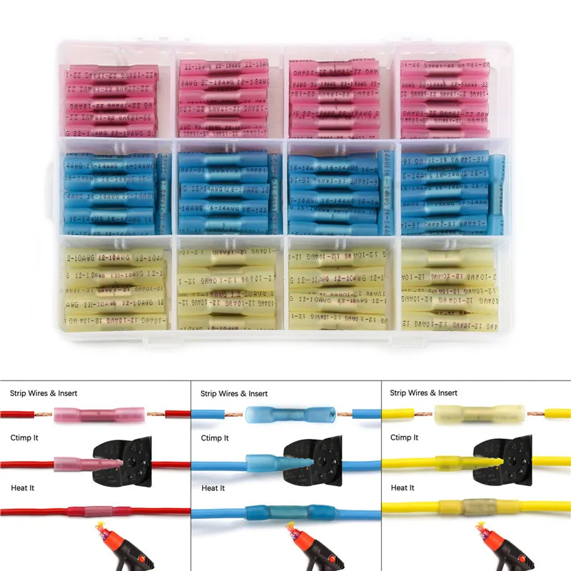 

200Pcs Electrical Wire Connectors Splice Cable Crimping Terminals Waterproof Heat Shrink Butt Connectors AWG 22-10